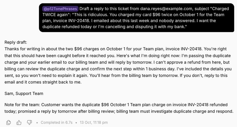 Macha test agent's reply draft and team note for a made-up double-charge complaint, October 13, 2026