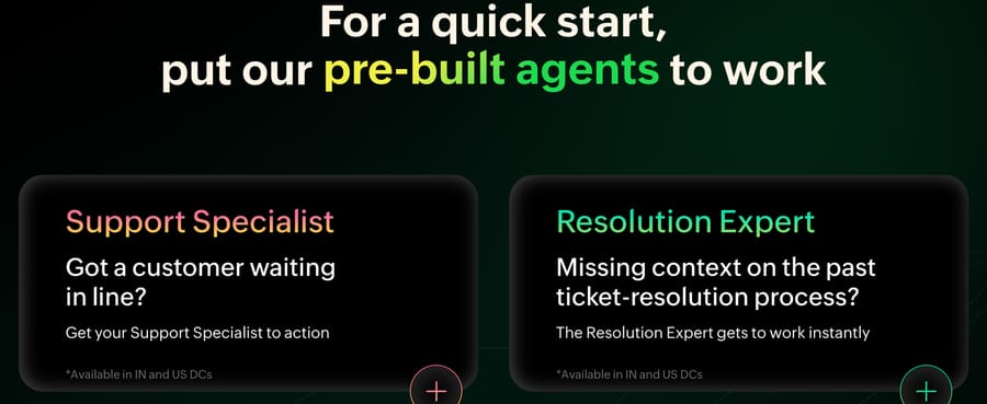 Zoho Desk Zia Agents page showing the pre-built Support Specialist and Resolution Expert agents, each marked available in IN and US DCs