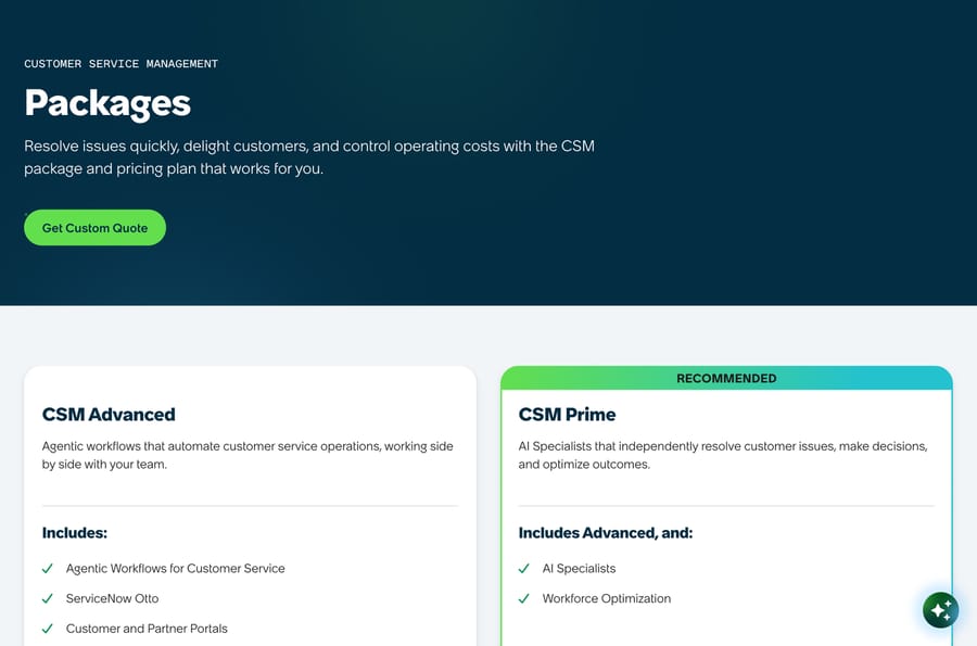 ServiceNow CSM packages page showing CSM Advanced and the recommended CSM Prime package, with a Get Custom Quote button and no prices