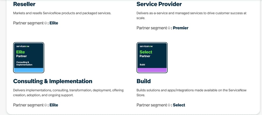 ServiceNow Partner Finder profile for Computacenter showing Elite Reseller, Premier Service Provider, Elite Consulting and Implementation, and Select Build partner segments