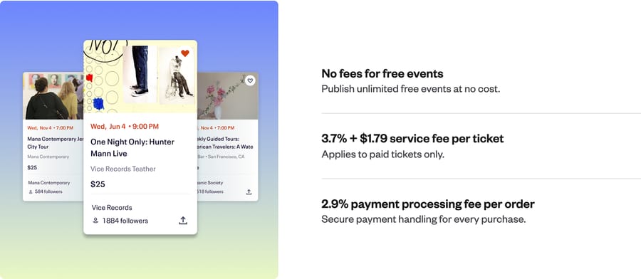 Eventbrite organizer pricing page, captured 20 October 2026: no fees for free events, 3.7% + $1.79 service fee per paid ticket, 2.9% payment processing fee per order