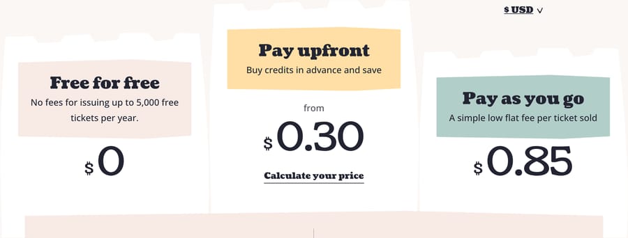 Ticket Tailor pricing page with the currency control set to USD, captured 20 October 2026: free for up to 5,000 free tickets a year, pay upfront from $0.30 a ticket, pay as you go $0.85 a ticket