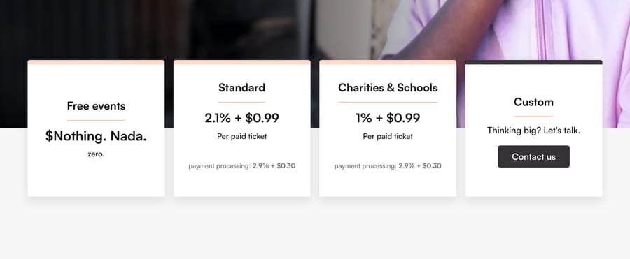 Humanitix US pricing cards, captured 20 October 2026: free events $0, Standard 2.1% + $0.99 per paid ticket, Charities & Schools 1% + $0.99, payment processing 2.9% + $0.30 on both