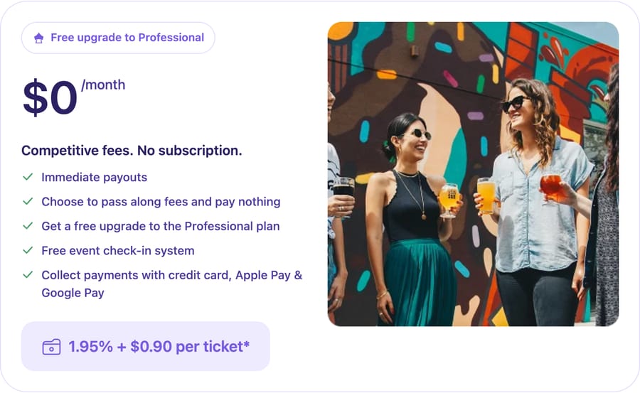 RSVPify ticket-selling pricing card, captured 20 October 2026: $0 a month, 1.95% + $0.90 per ticket, immediate payouts, free event check-in system and a free upgrade to the Professional plan