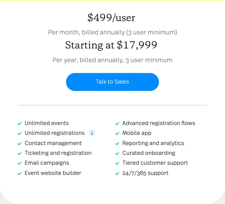 Bizzabo pricing page, captured 20 October 2026: $499 per user per month billed annually with a 3-user minimum, starting at $17,999 per year, with a Talk to Sales button and no per-ticket fee