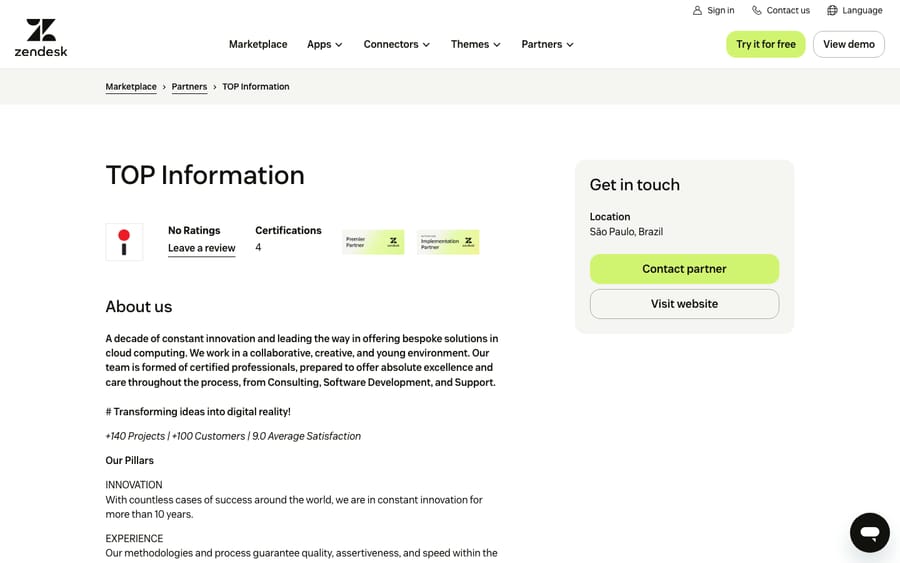 TOP Information's Zendesk partner profile (its own site did not load), captured October 29, 2026