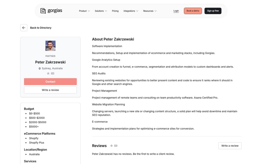 Peter Zakrzewski's Gorgias directory profile, captured October 29, 2026