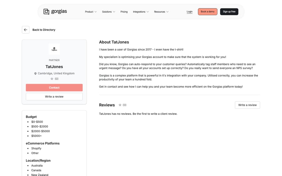 TatJones' Gorgias directory profile, captured October 29, 2026