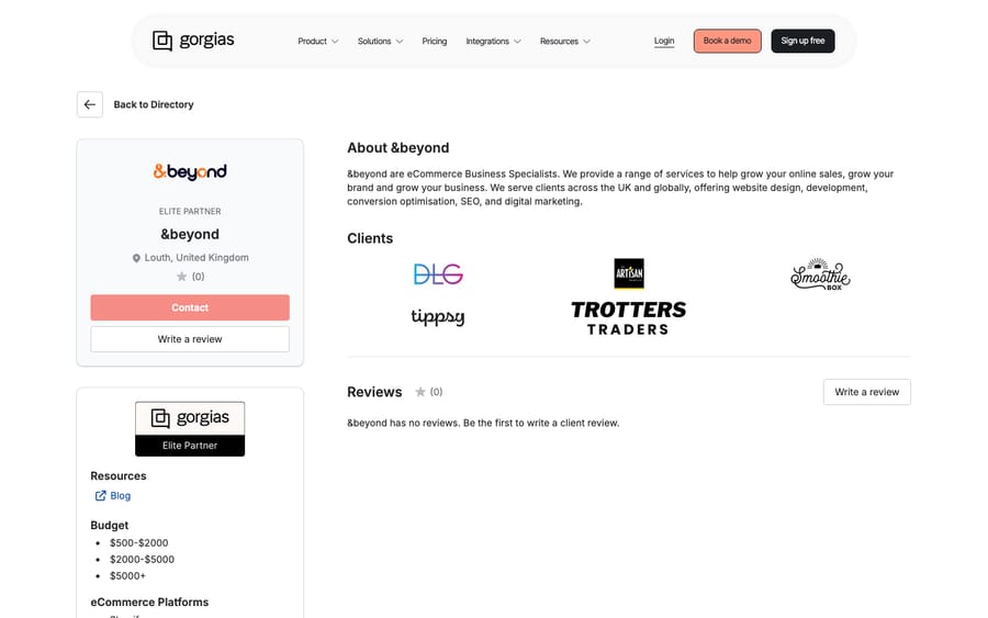 &beyond's Gorgias directory profile, captured October 29, 2026