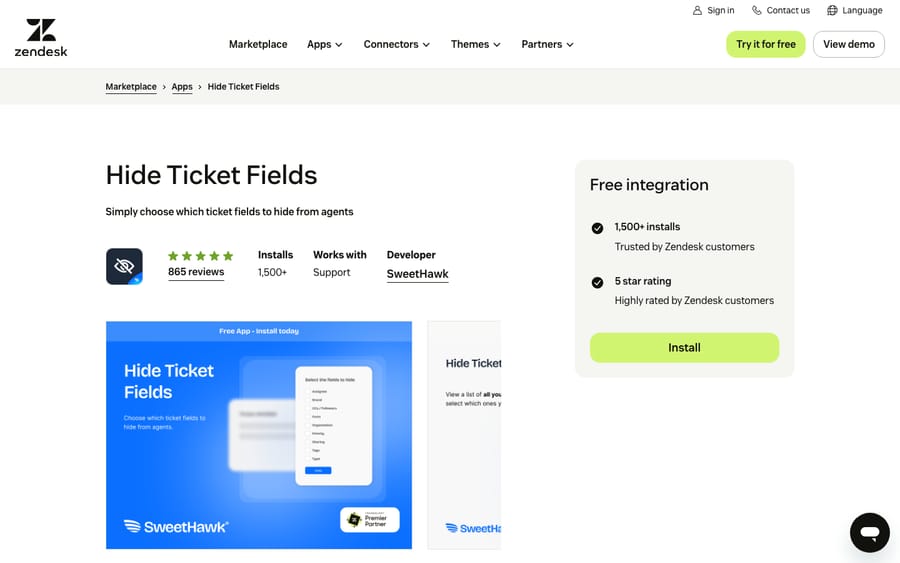 Hide Ticket Fields' listing on the Zendesk Marketplace, captured October 29, 2026