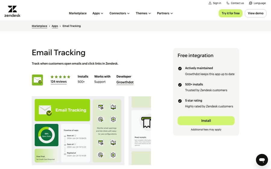 Email Tracking's listing on the Zendesk Marketplace, captured October 29, 2026