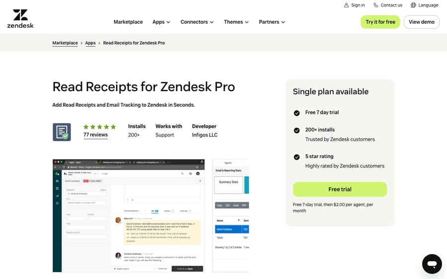 Read Receipts for Zendesk Pro's listing on the Zendesk Marketplace, captured October 29, 2026