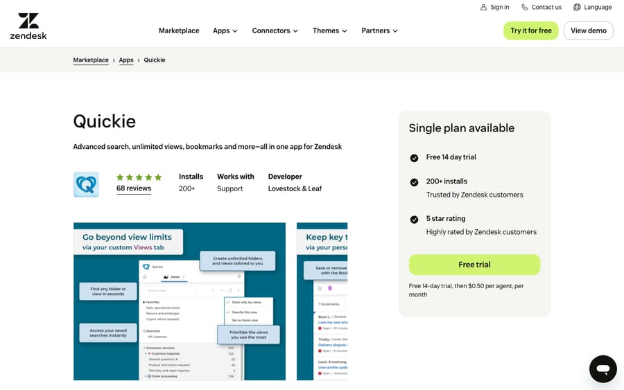 Quickie's listing on the Zendesk Marketplace, captured October 29, 2026