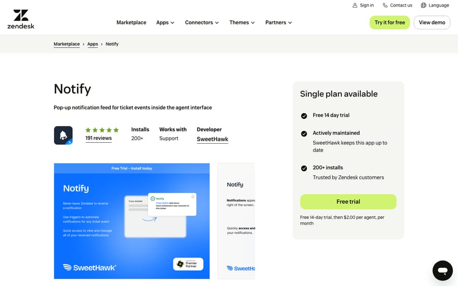 Notify's listing on the Zendesk Marketplace, captured October 29, 2026