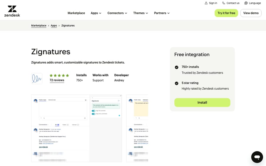Zignatures' listing on the Zendesk Marketplace, captured October 29, 2026