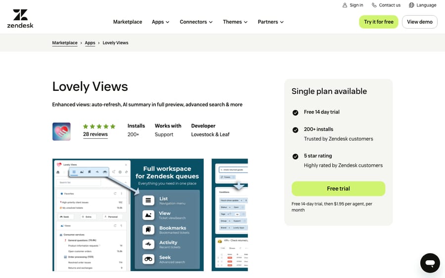 Lovely Views' listing on the Zendesk Marketplace, captured October 29, 2026