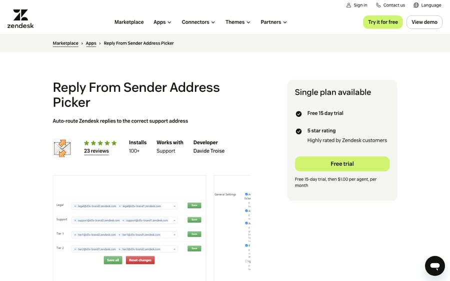 Reply From's listing on the Zendesk Marketplace, captured October 29, 2026