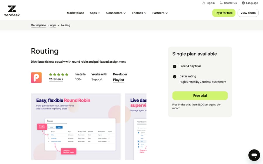 Routing's listing on the Zendesk Marketplace, captured October 29, 2026