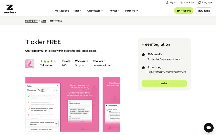 Tickler FREE's listing on the Zendesk Marketplace, captured October 29, 2026