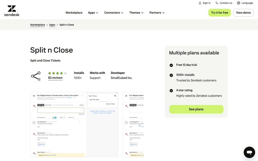 Split 'n' Close's listing on the Zendesk Marketplace, captured October 29, 2026
