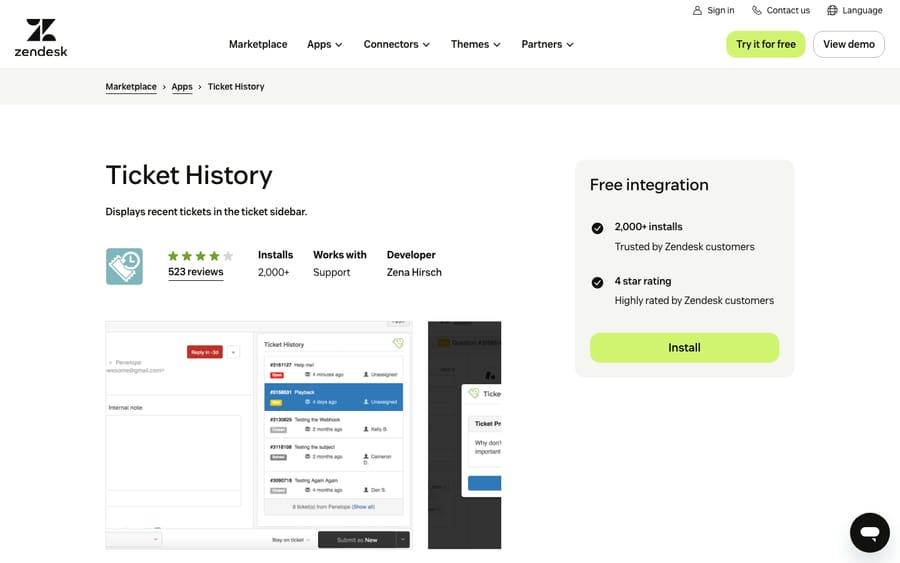 Ticket History's listing on the Zendesk Marketplace, captured October 29, 2026