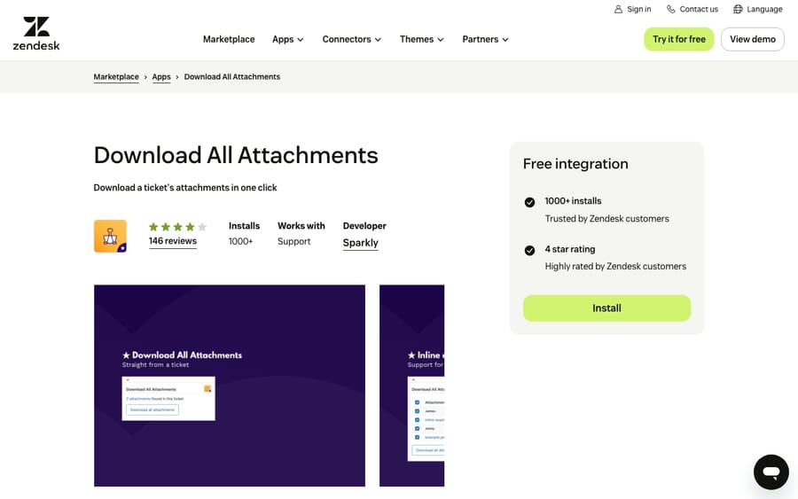 Download All Attachments' listing on the Zendesk Marketplace, captured October 29, 2026