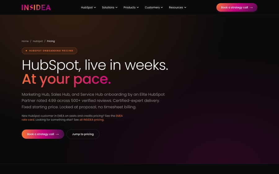 INSIDEA's HubSpot onboarding pricing page, captured October 29, 2026