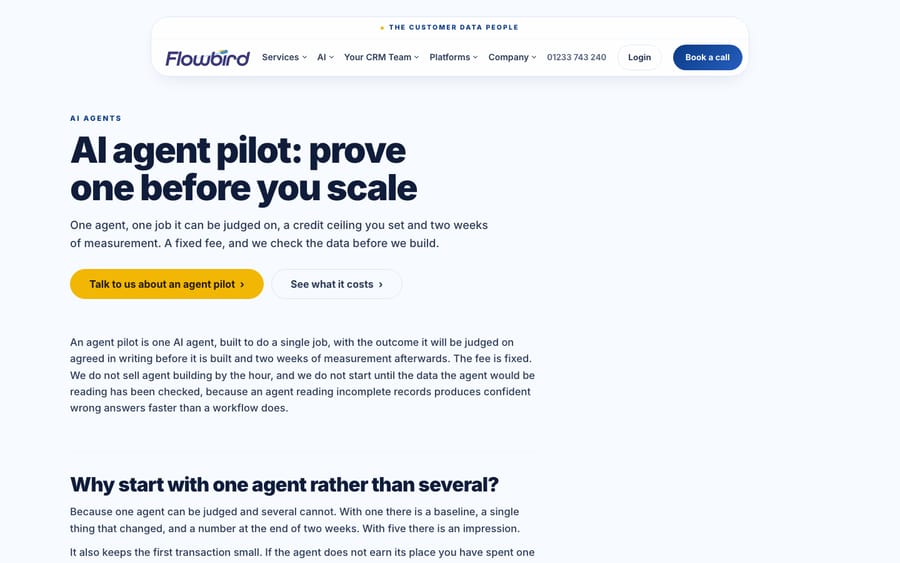 Flowbird's customer agent pilot page, captured October 29, 2026