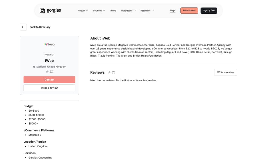 iWeb's Gorgias directory profile, captured October 29, 2026