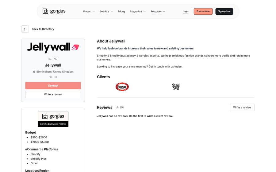 Jellywall's Gorgias directory profile, captured October 29, 2026