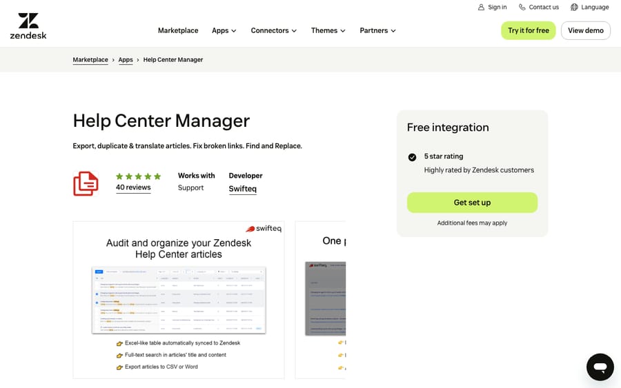 Help Center Manager's listing on the Zendesk Marketplace, captured October 29, 2026