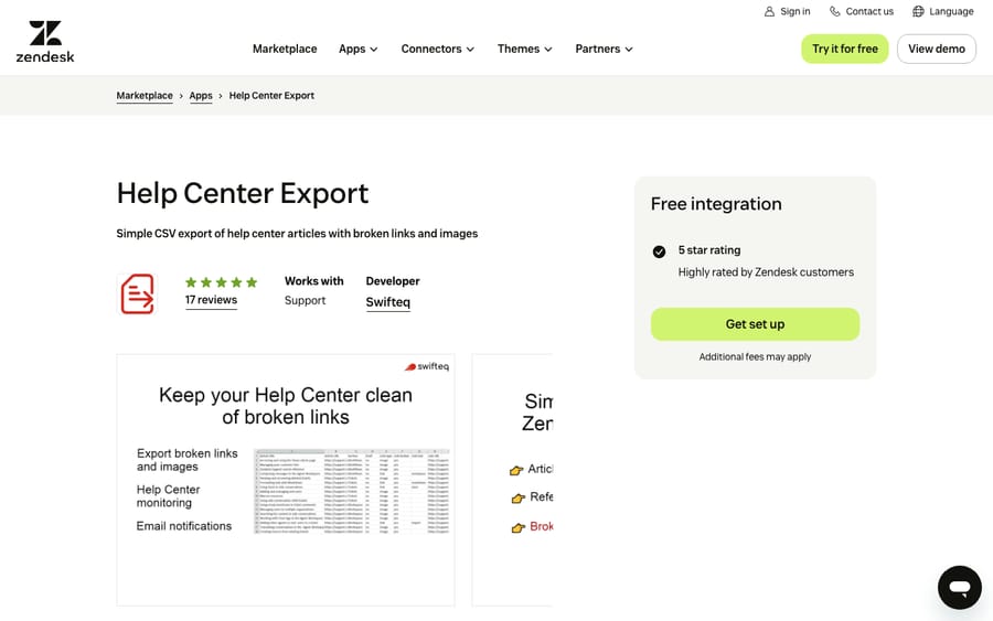 Help Center Export's listing on the Zendesk Marketplace, captured October 29, 2026
