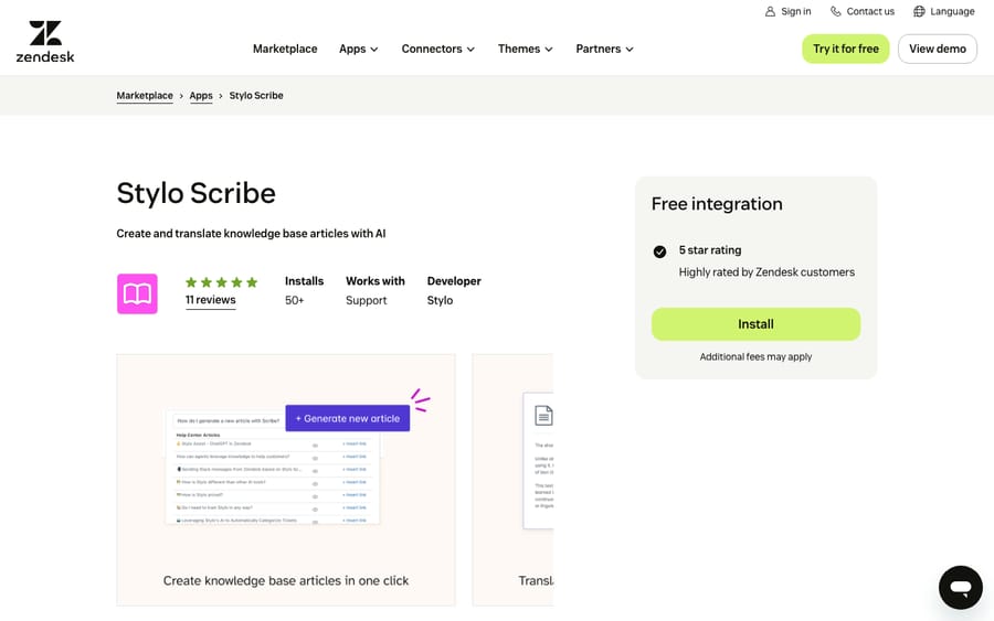 Stylo Scribe's listing on the Zendesk Marketplace, captured October 29, 2026
