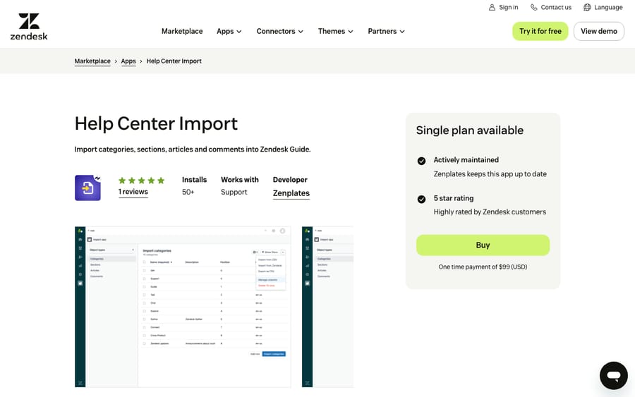 Help Center Import's listing on the Zendesk Marketplace, captured October 29, 2026