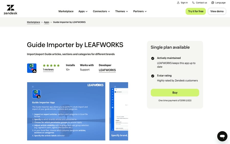 Guide Importer by LEAFWORKS's listing on the Zendesk Marketplace, captured October 29, 2026