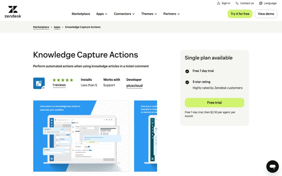 Knowledge Capture Actions' listing on the Zendesk Marketplace, captured October 29, 2026