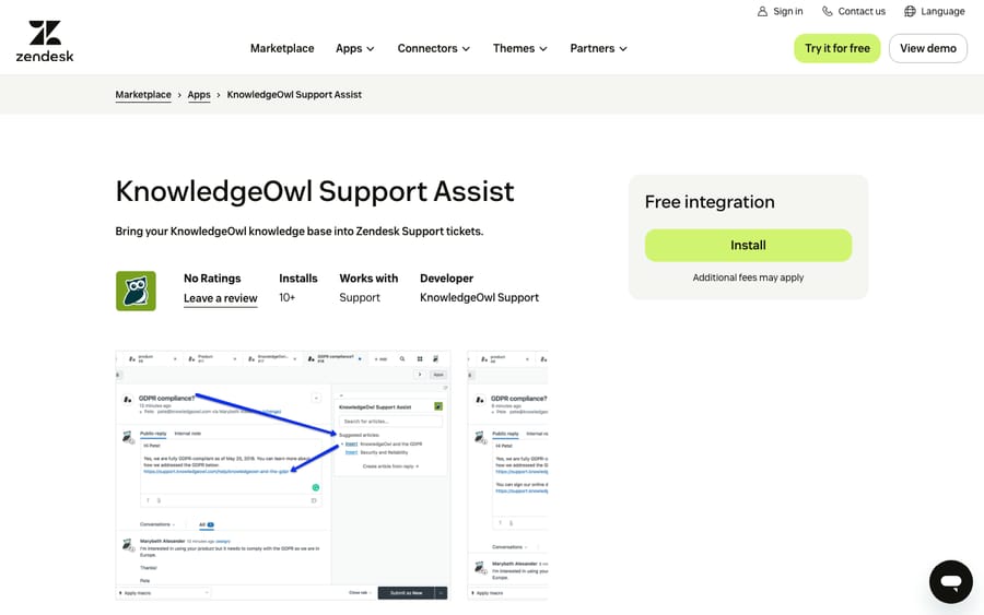KnowledgeOwl Support Assist's listing on the Zendesk Marketplace, captured October 29, 2026