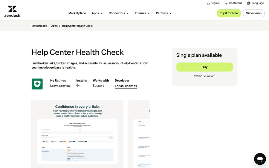 Help Center Health Check's listing on the Zendesk Marketplace, captured October 29, 2026