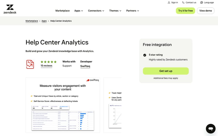 Help Center Analytics' listing on the Zendesk Marketplace, captured October 29, 2026