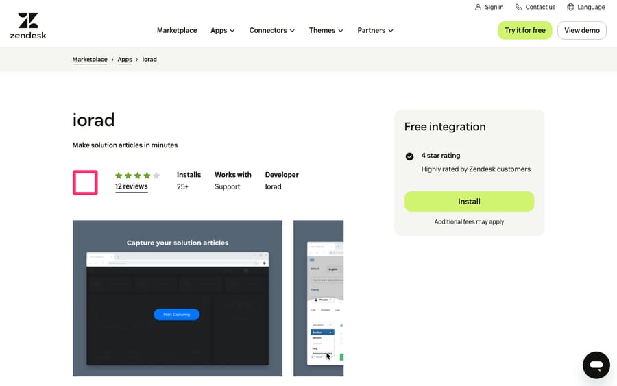 iorad's listing on the Zendesk Marketplace, captured October 29, 2026