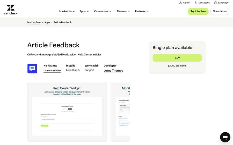 Article Feedback's listing on the Zendesk Marketplace, captured October 29, 2026