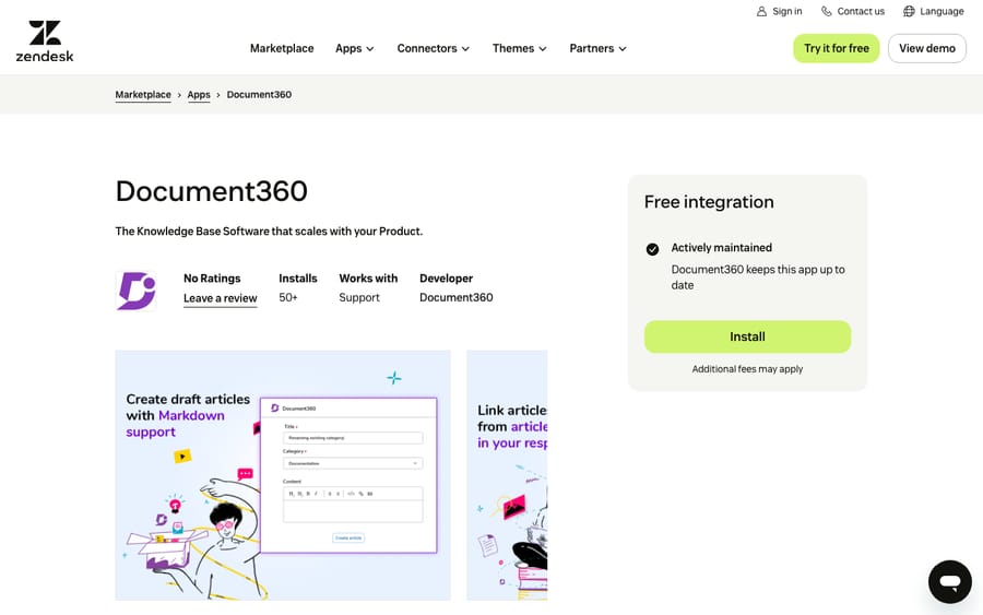 Document360's listing on the Zendesk Marketplace, captured October 29, 2026
