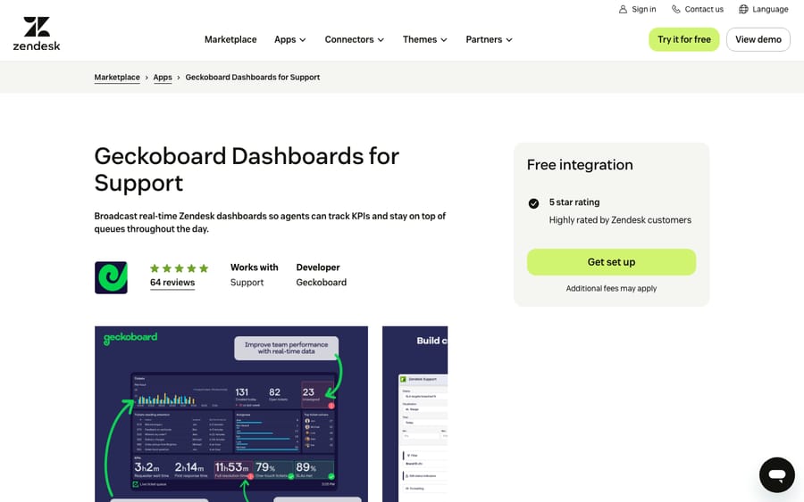 Geckoboard Dashboards for Support's listing on the Zendesk Marketplace, captured October 29, 2026