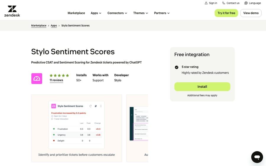 Stylo Sentiment Scores' listing on the Zendesk Marketplace, captured October 29, 2026