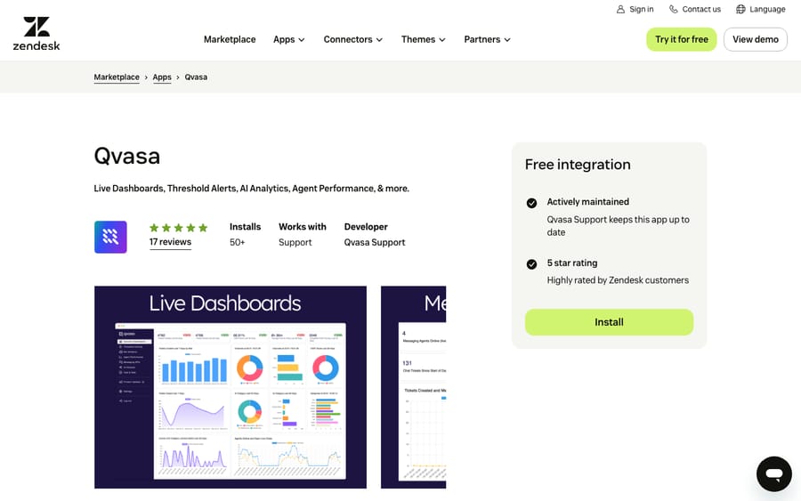 Qvasa's listing on the Zendesk Marketplace, captured October 29, 2026
