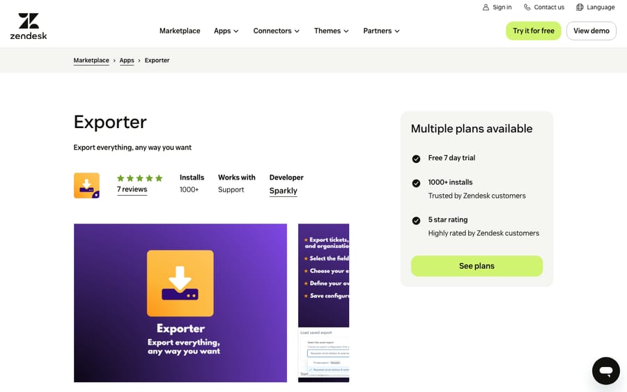 Exporter's listing on the Zendesk Marketplace, captured October 29, 2026