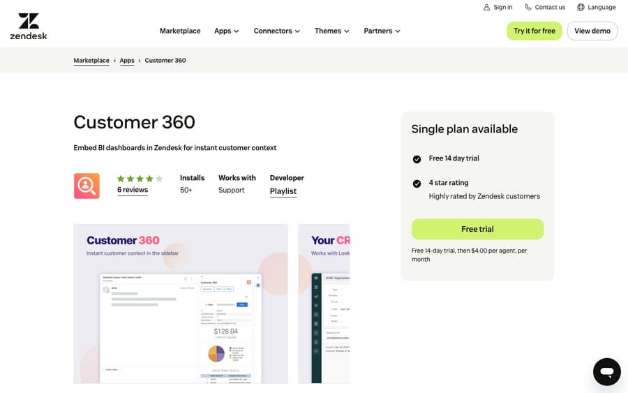 Customer 360's listing on the Zendesk Marketplace, captured October 29, 2026