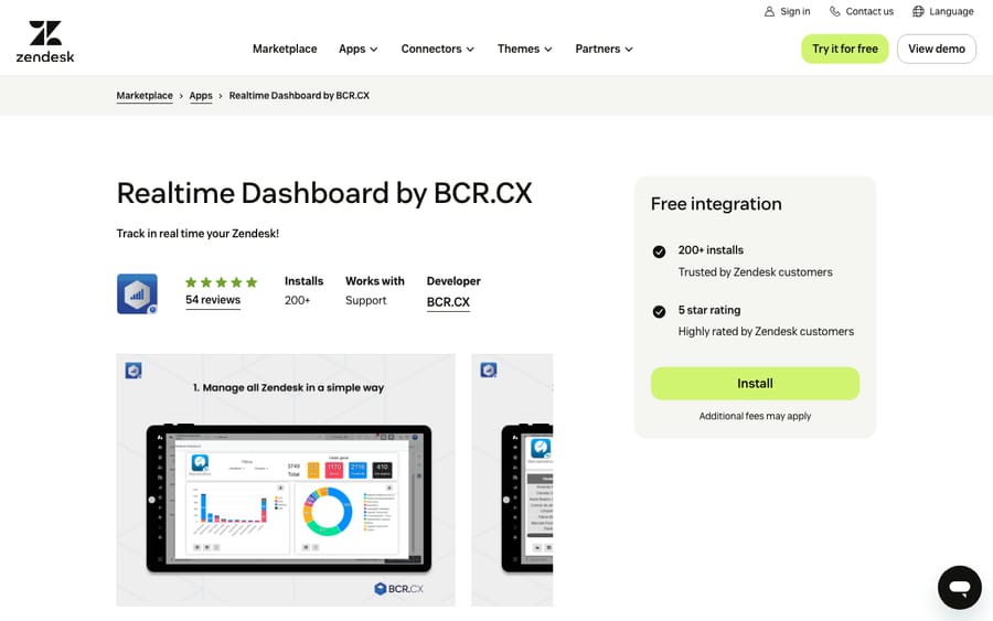 Realtime Dashboard by BCR.CX's listing on the Zendesk Marketplace, captured October 29, 2026