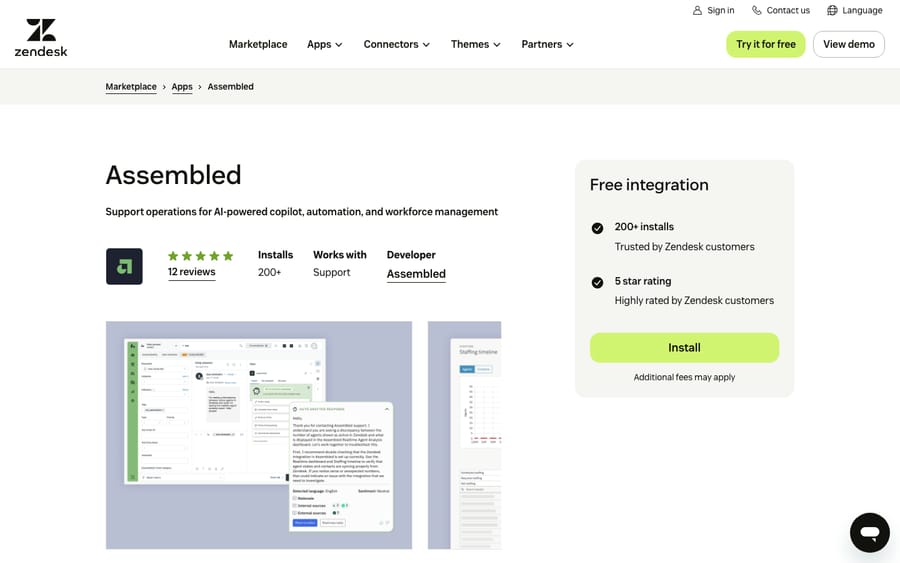 Assembled's listing on the Zendesk Marketplace, captured October 29, 2026