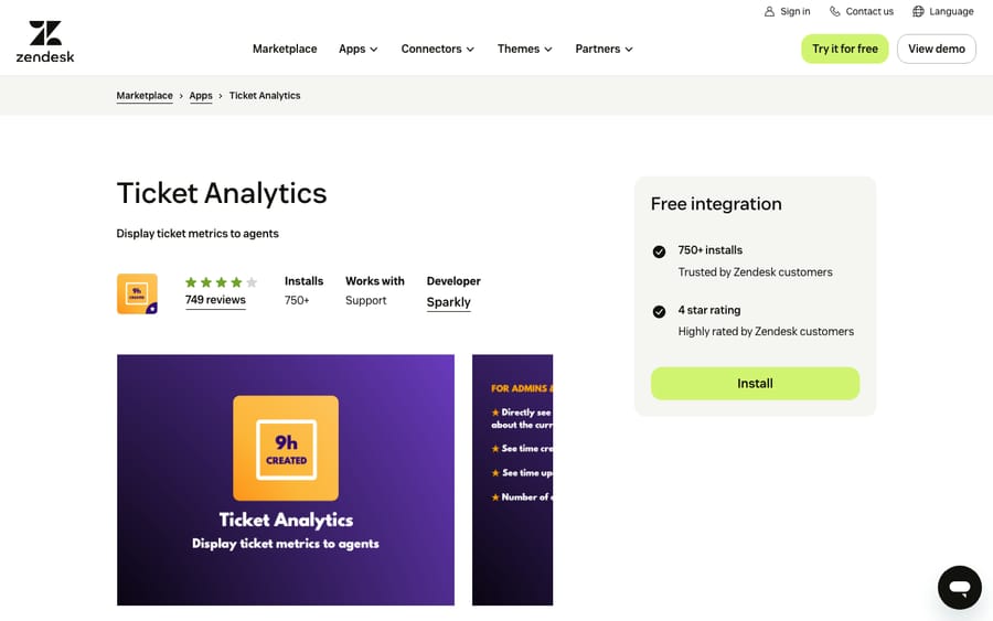 Ticket Analytics' listing on the Zendesk Marketplace, captured October 29, 2026
